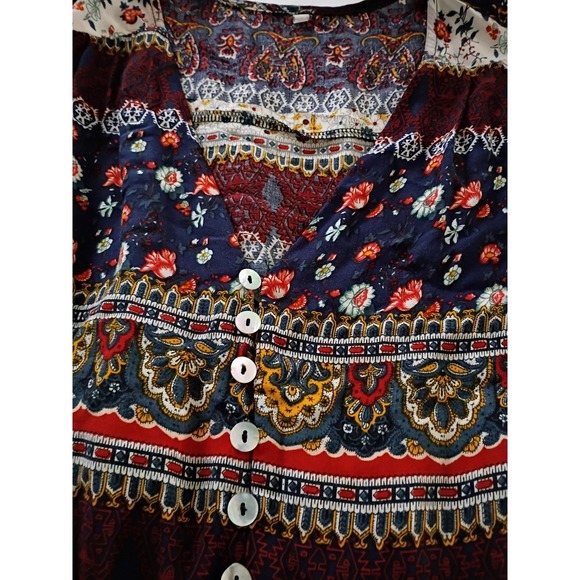 Boho Patchwork Maxi Dress‎ Floral Print Button Front V Neck 3/4 Sleeve - Picture 4 of 11